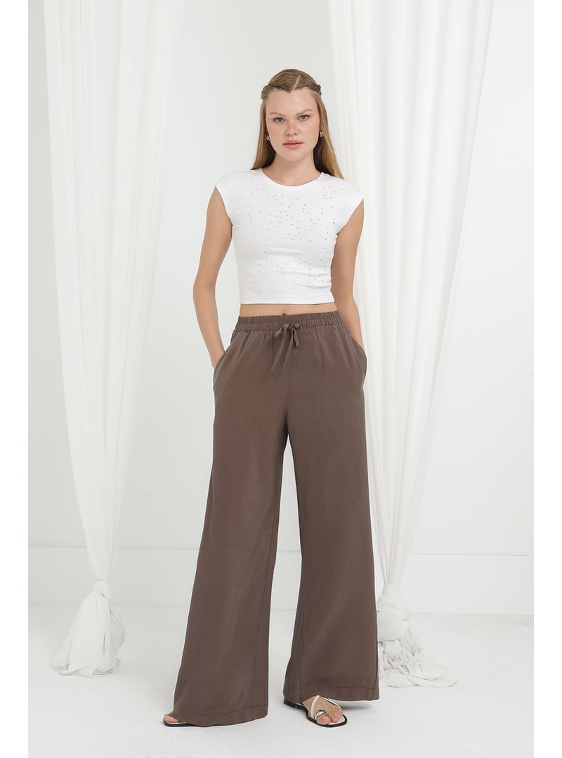 Podyumplus 20646pnt Beli Lastikli Bağlamalı Bol Pantolon