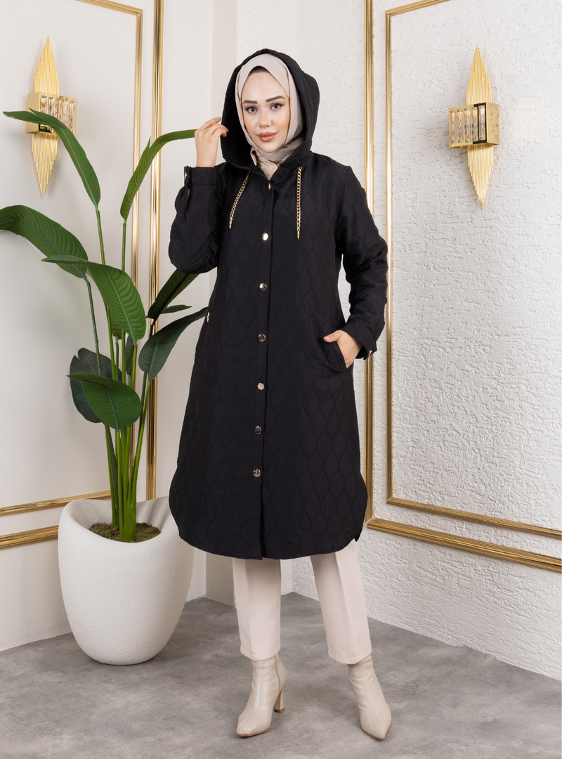 Harmatime butik Kapüşonlu Örme Kapitone Kumaş Düğmeli siyah Kap