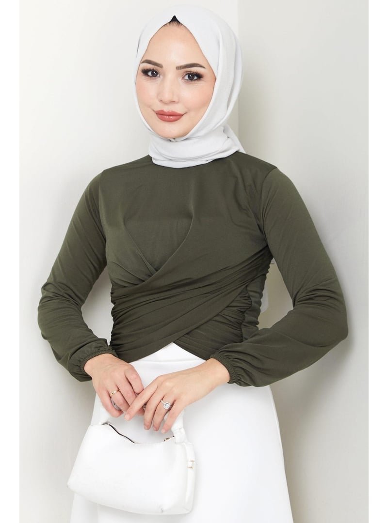 Hafsa Mina Haki Bisiklet Yaka Büzgülü Sandy Bluz