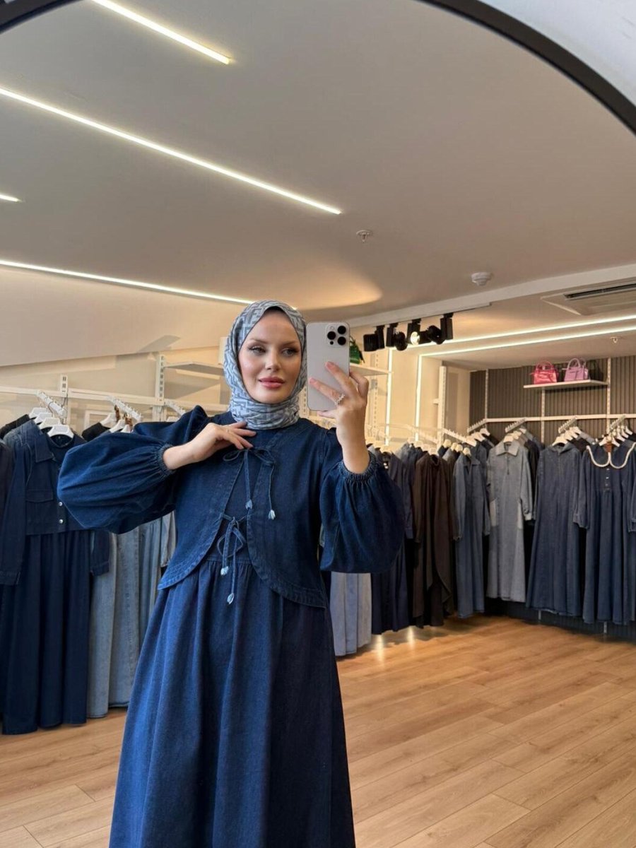 OlaLady Lacivert Önden Kurdale Bağlamalı Denim Kumaş Elbise