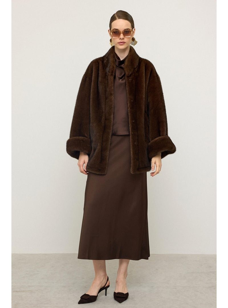 Olcay Oversize Kürk Görünümlü Exclusive Uzun Ceket K. Kahve