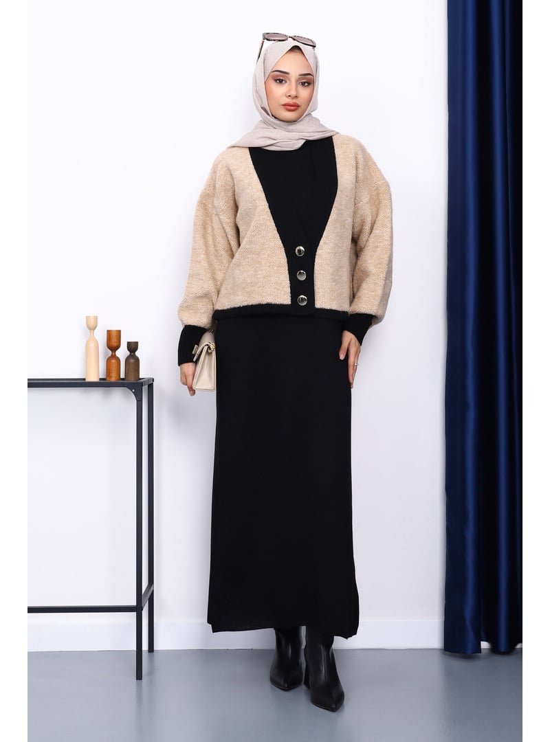 İmaj Butik Siyah Vizon Düğmeli Triko Hırka Elbiseli İkili Kombin