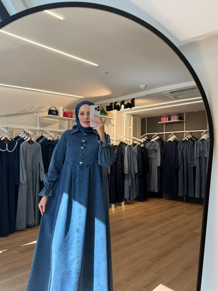 OlaLady Mavi Önü Düğmeli Pile Detaylı Denim Elbise