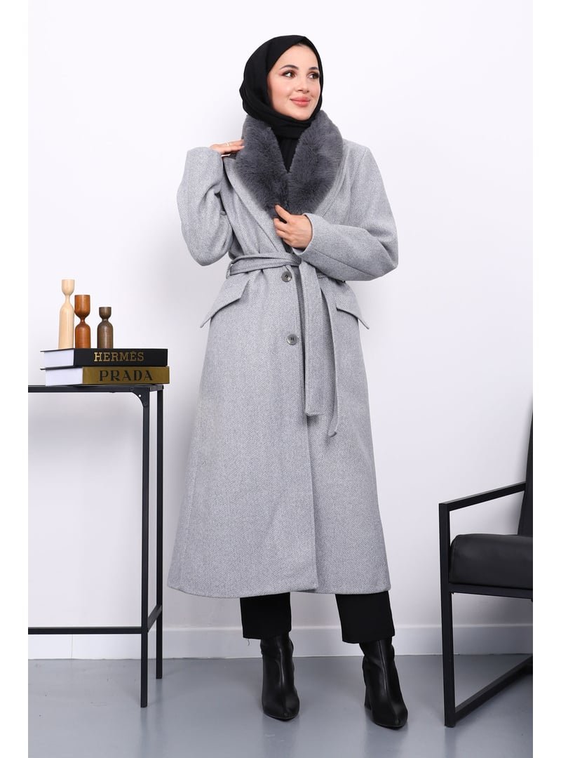 İmaj Butik Gri Yaka Kürklü Kuşaklı Kaşe Kaban