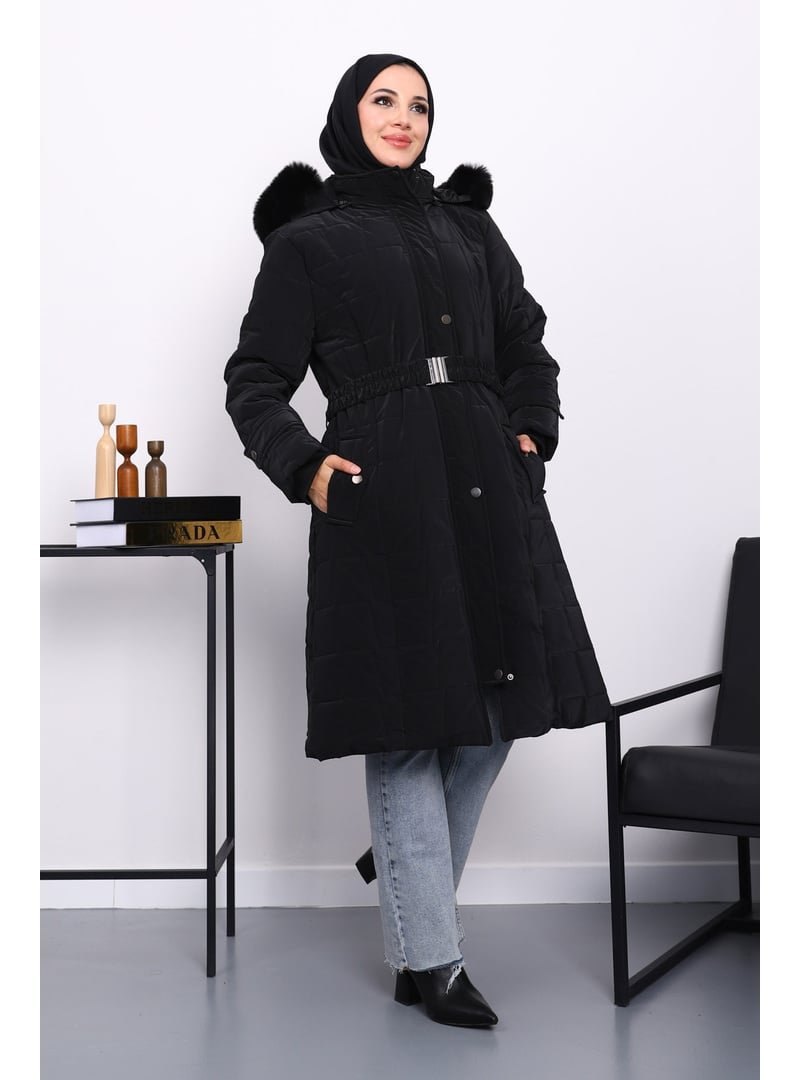 İmaj Butik Siyah Kapüşonu Kürklü Uzun Şişme Mont