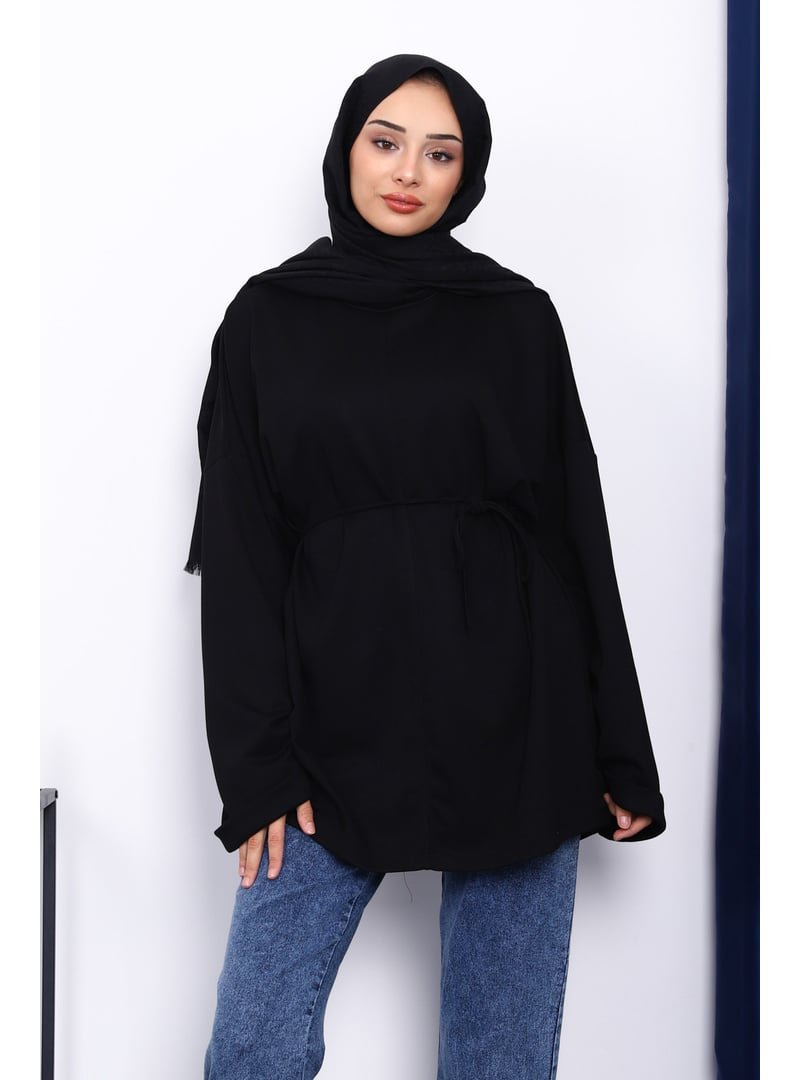İmaj Butik Siyah Yanları Yırtmaçlı Bel İpli Tunik