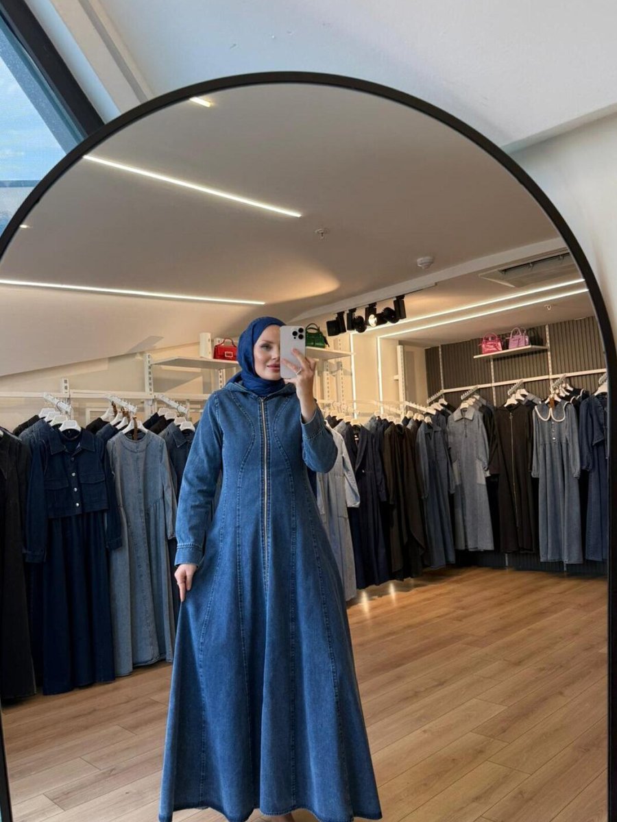 OlaLady Mavi Dalga Dikişli Kapişonlu Denim Kap Pardesü