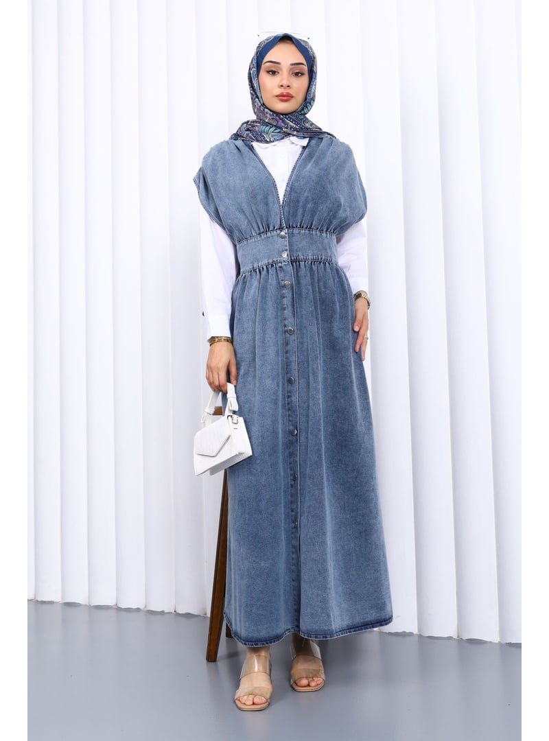 İmaj Butik Mavi Kruvaze Yaka Düğmeli Kot Elbise