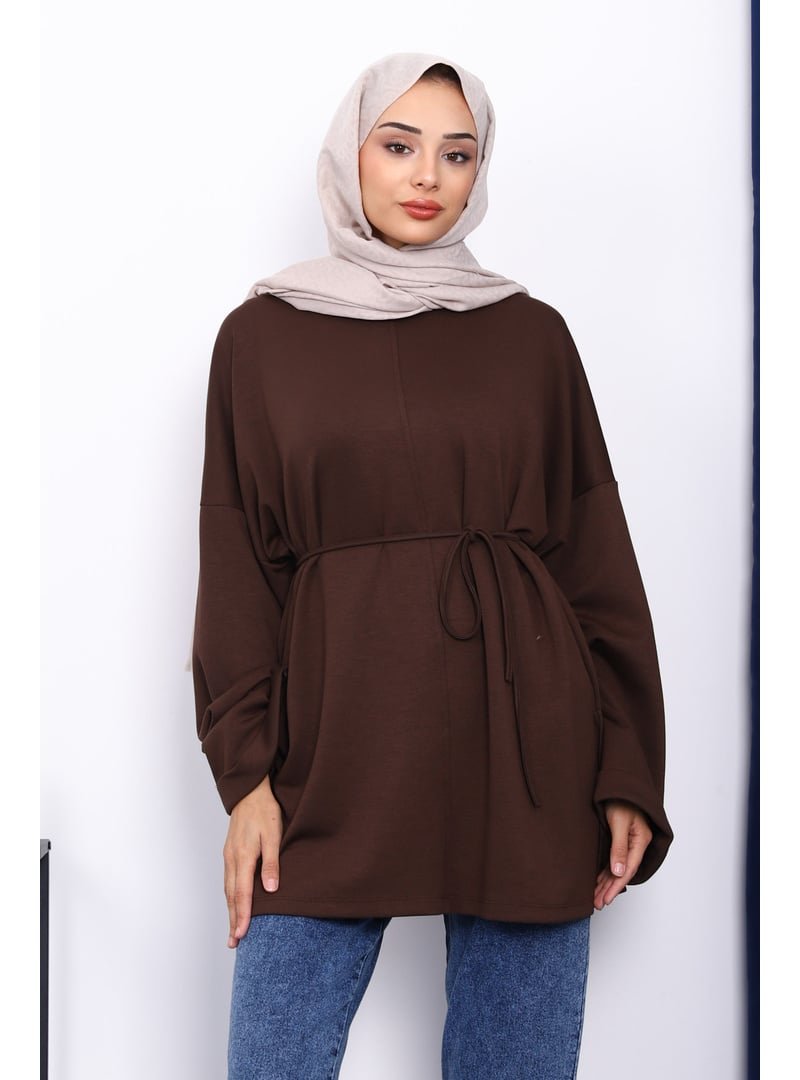 İmaj Butik Kahverengi Yanları Yırtmaçlı Bel İpli Tunik
