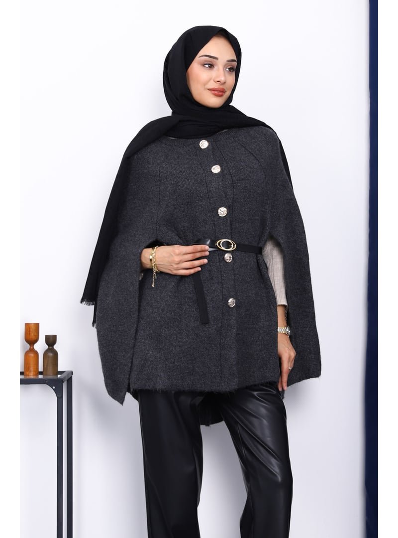 İmaj Butik Antrasit Kemerli Şordonlu Triko Panço