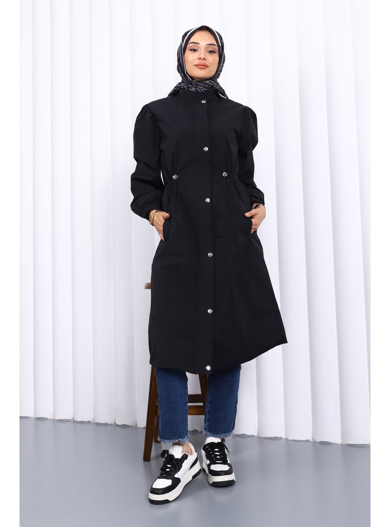 İmaj Butik Siyah Çıtçıtlı Bel Lastikli Trençkot