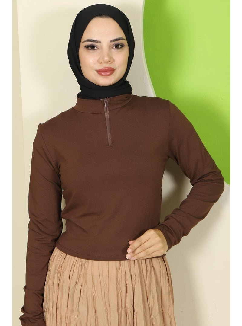 Hafsa Mina Kahverengi Yarım Fermuarlı Body