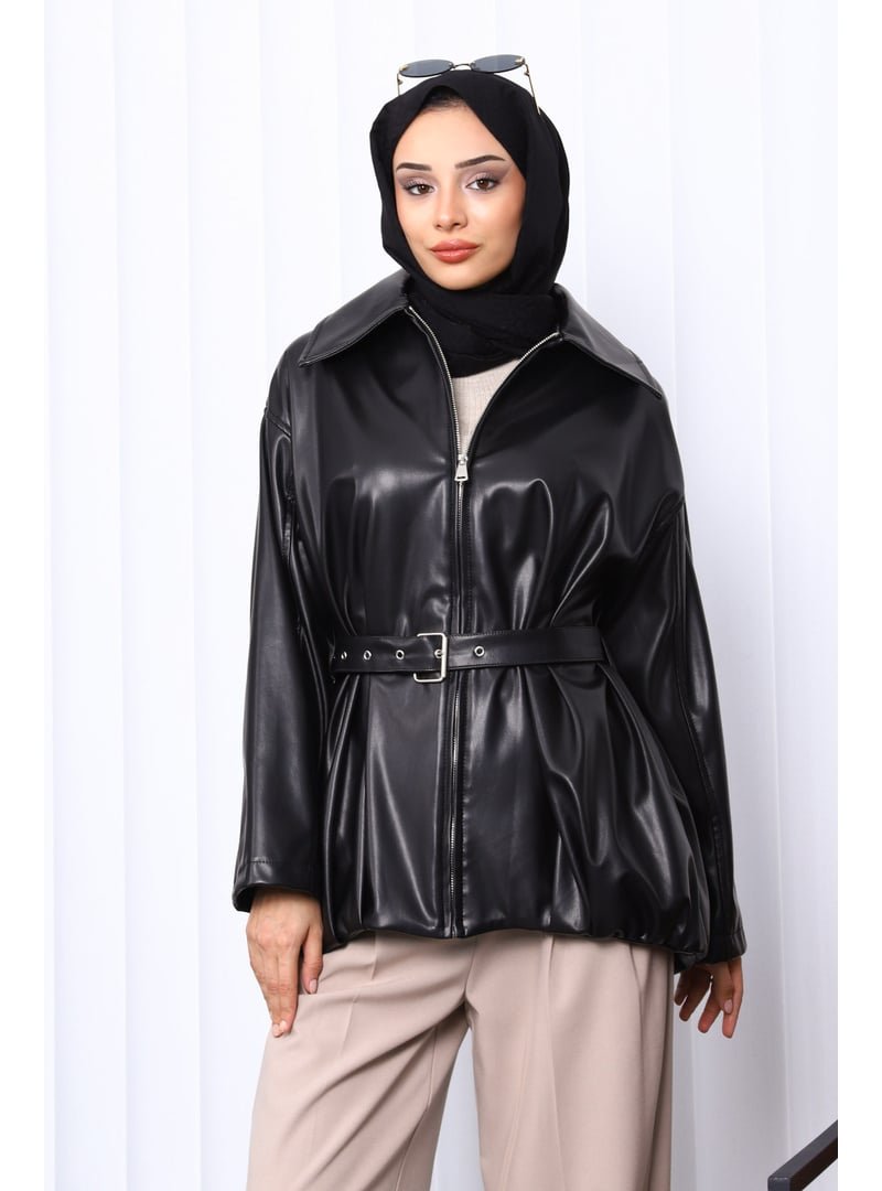 İmaj Butik Siyah Kemerli Deri Ceket