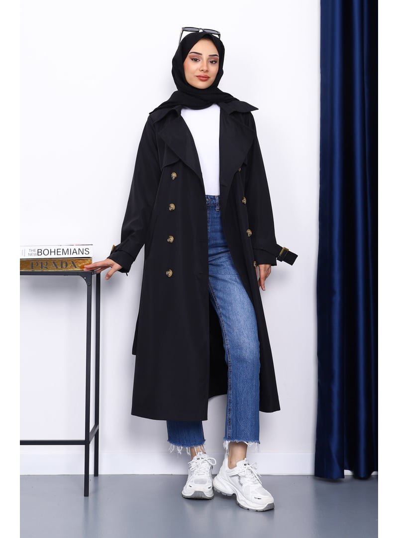 İmaj Butik Siyah Kravuze Yaka Kuşaklı Trençkot