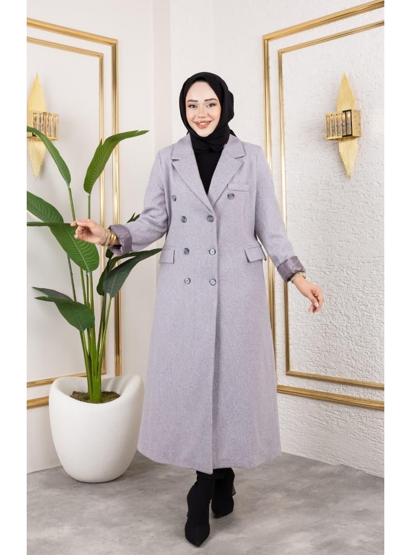 Harmatime butik Astarlı Düğmeli Cepli Uzun Gri Kaşe kaban