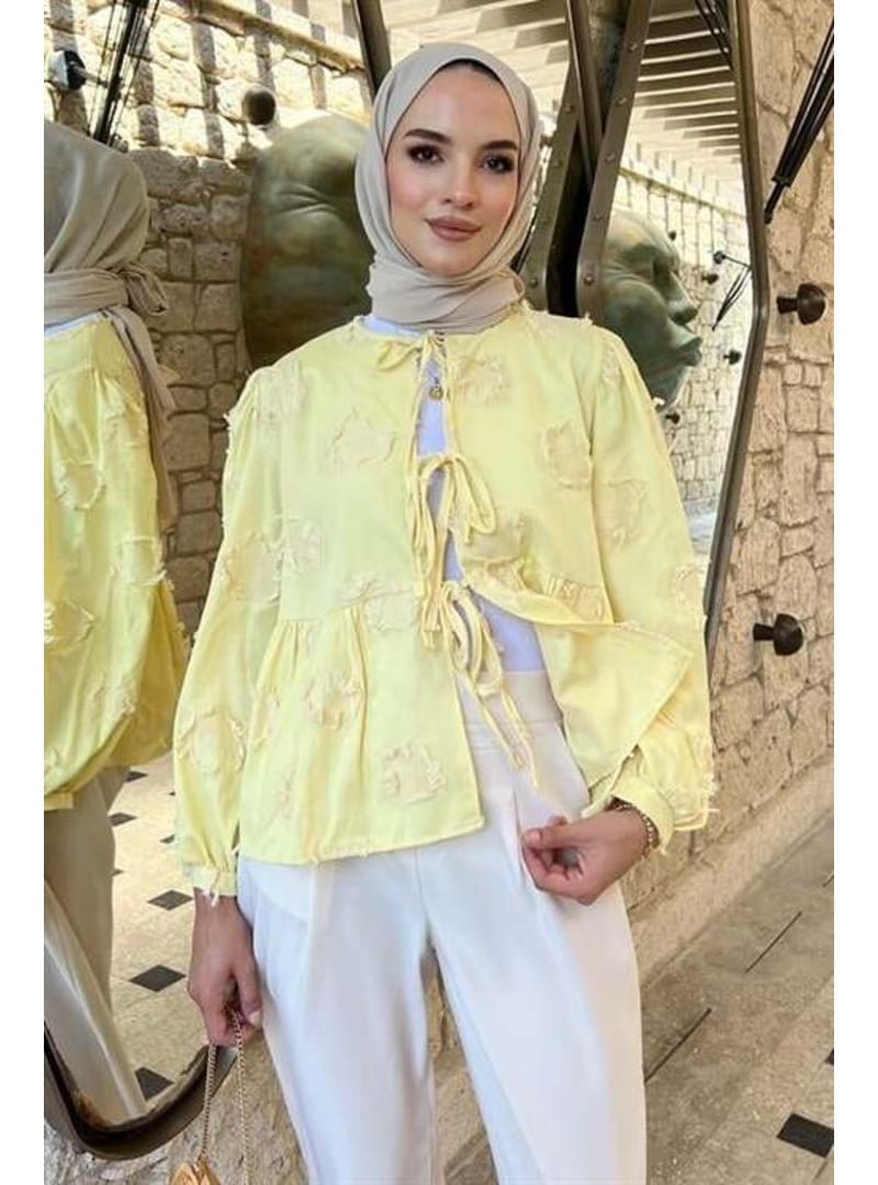Podyumplus Sarı Bağlamalı Çiçek Detaylı Bluz