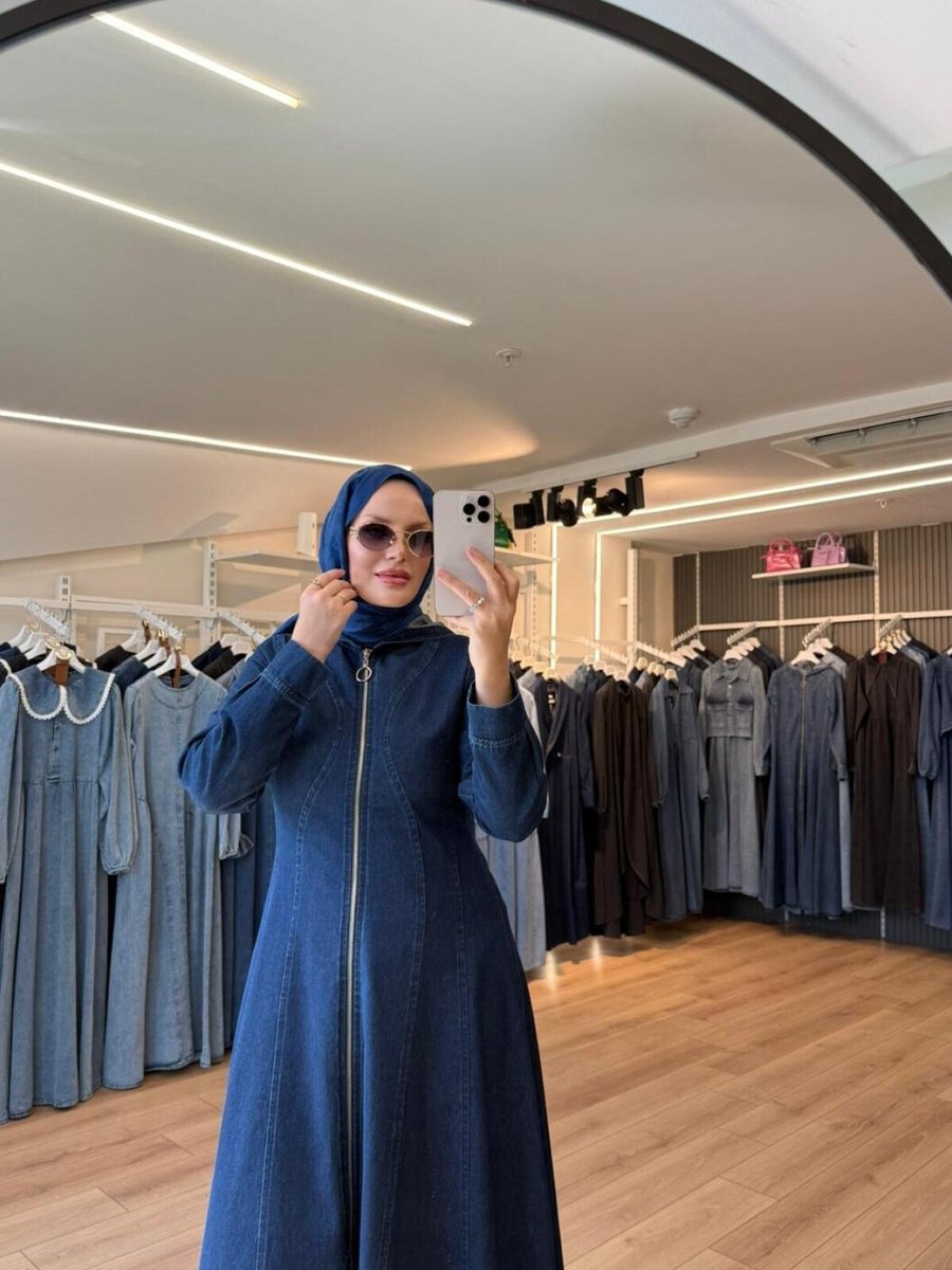OlaLady Lacivert Dalga Dikişli Kapişonlu Denim Kap Pardesü