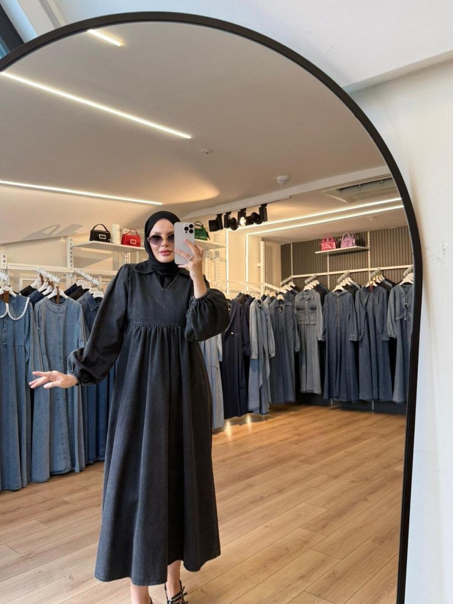 OlaLady Siyah V Yaka Beli Büzgülü Geniş Kalıp Balon Kollu Denim Kot Elbise