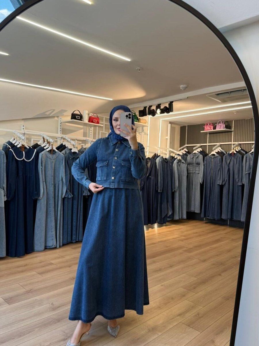 OlaLady Mavi Kargo Cepli Yelekli Elbise Yelek İkili Takım