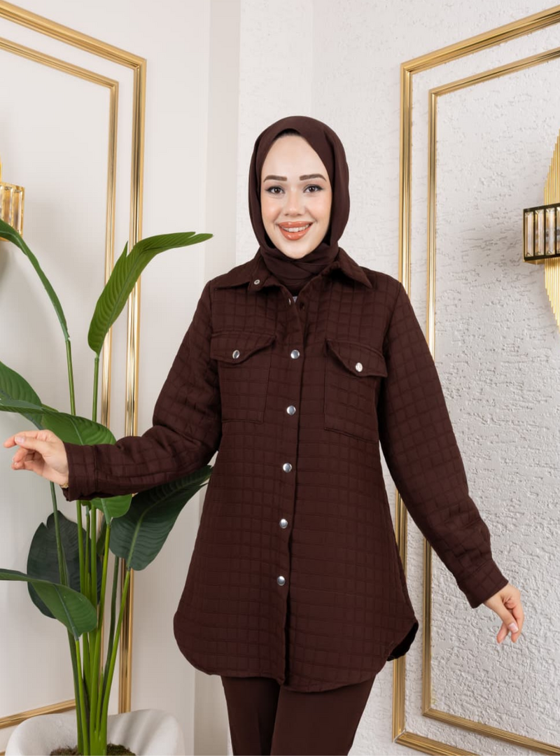 Harmatime butik Cep Detaylı Kapitone Kumaş Çıtçıtlı Kahverengi Tunik