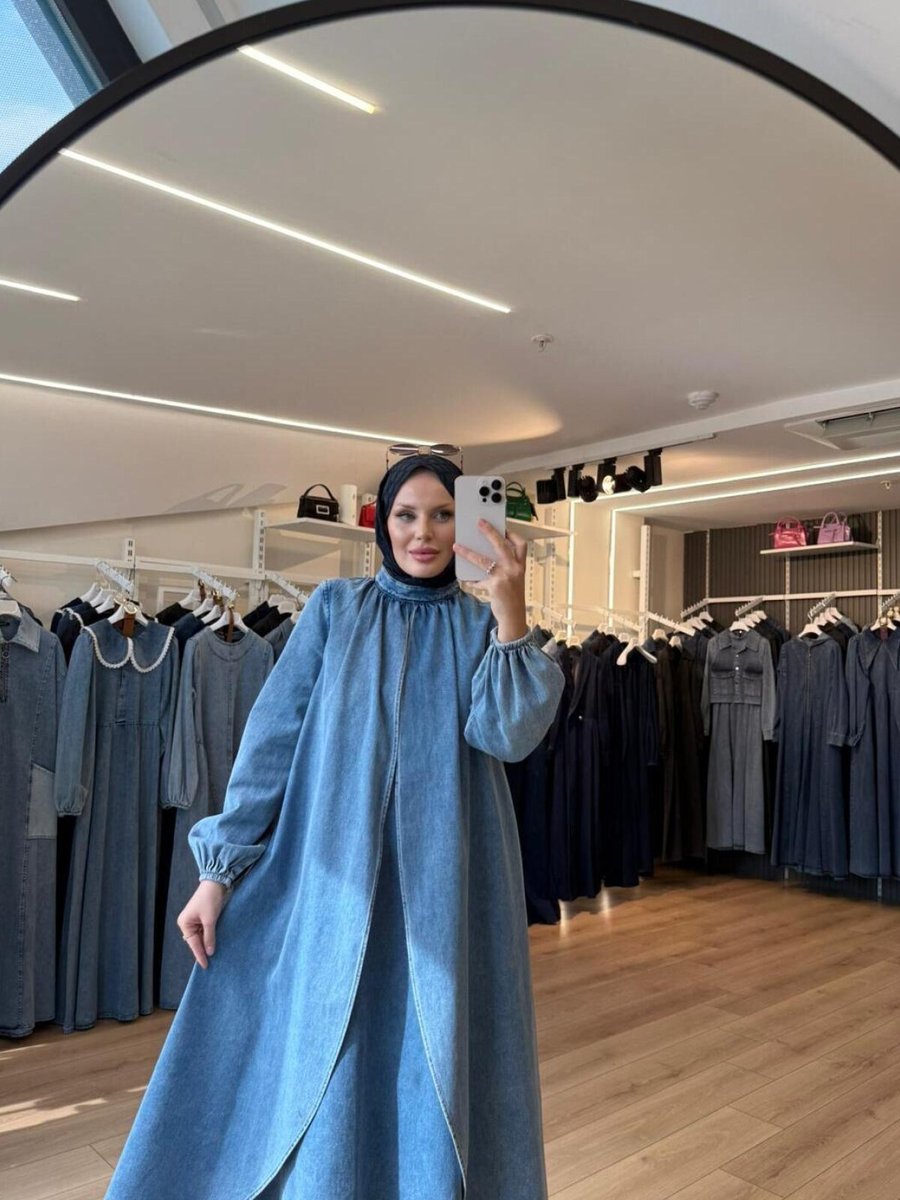 OlaLady Mavi Ön Kısmı Çift Kapaklı Boydan Büzgülü Balon Kollu Kap Pardesü
