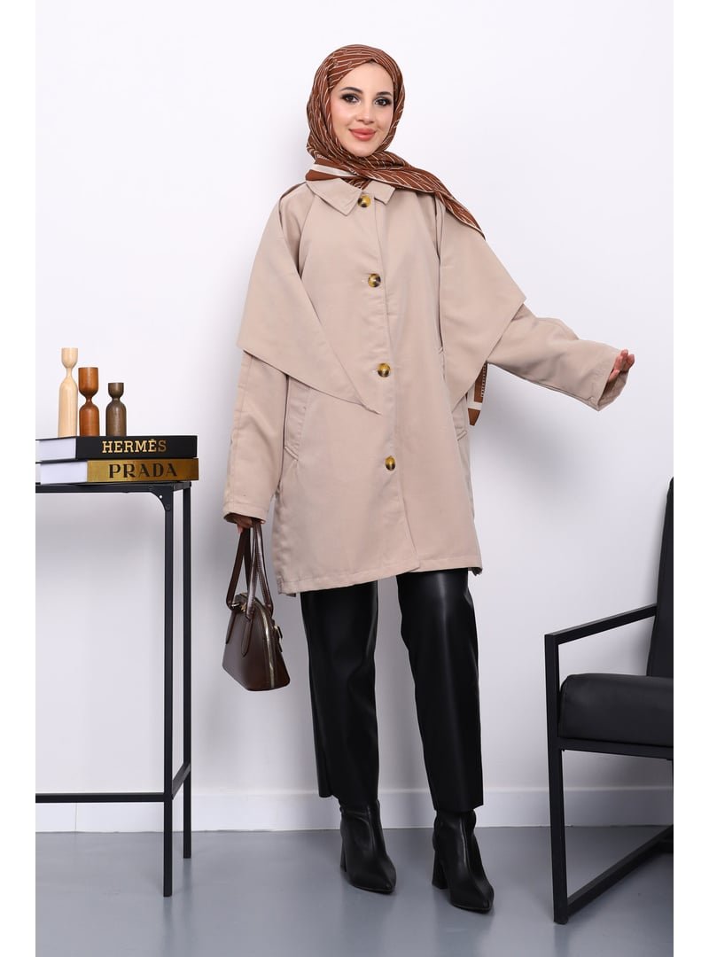 İmaj Butik Bej Pelerin Detaylı Düğmeli Trençkot İmaj Butik Bej Pelerin Detaylı Düğmeli Trençkot