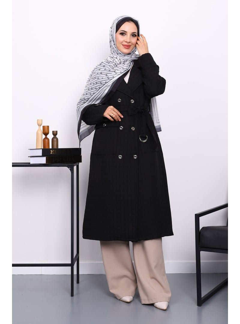 İmaj Butik Siyah Kuşaklı Cep Detaylı Kapitone Kaban