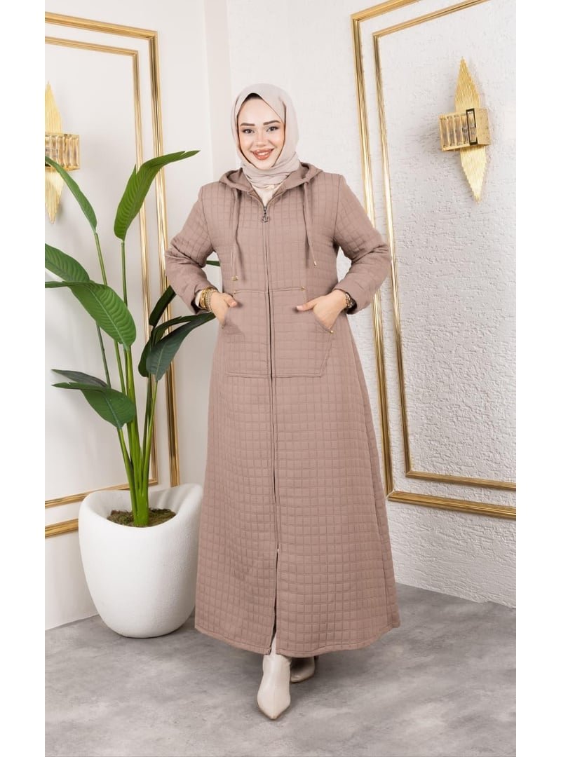 Harmatime butik Kapüşonlu Fermuarlı Cepli Vizon Kapitone Uzun Kap