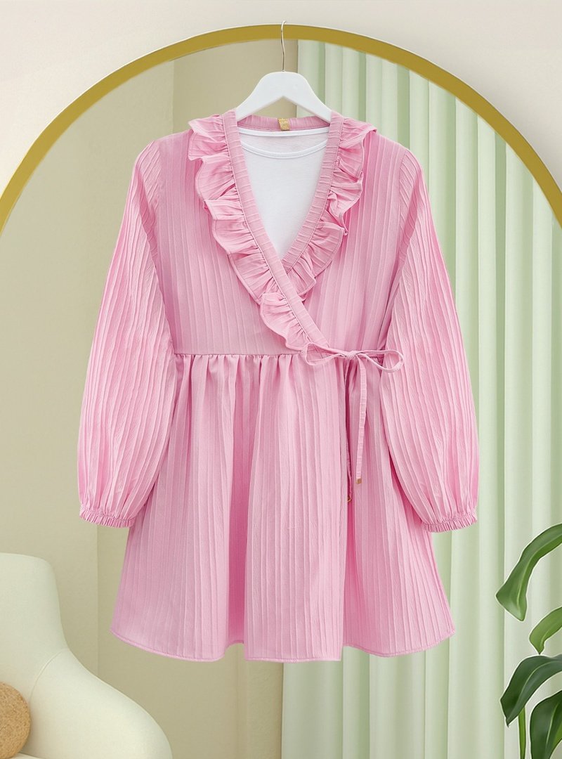 Podyumplus Pudra Fırfırlı Önü Bağcıklı Kolu Lastikli Kimono