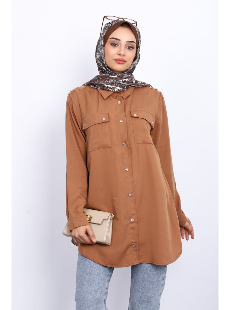İmaj Butik Taba Omuzları Apoletli Çift Cepli Tunik