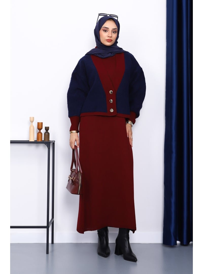 İmaj Butik Bordo Düğmeli Triko Hırka Elbiseli İkili Kombin