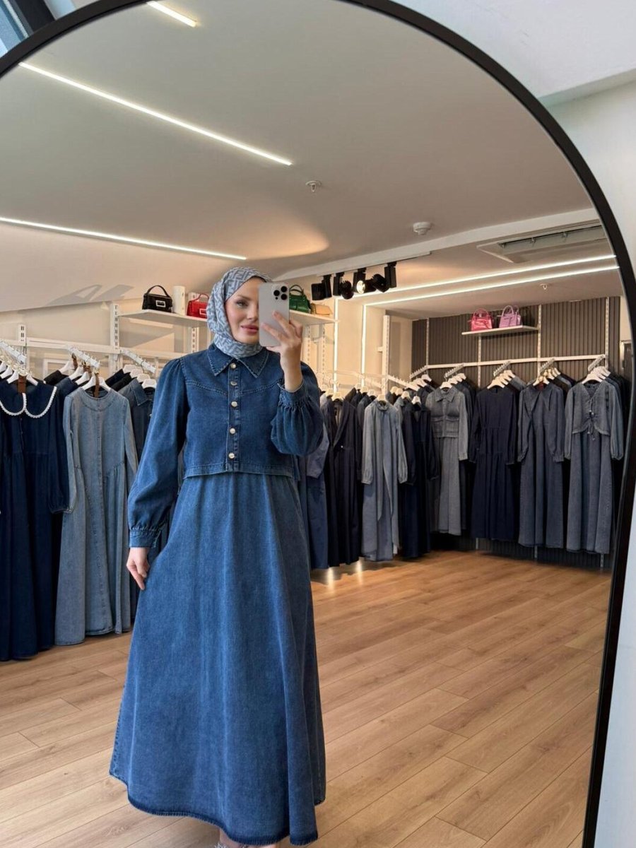 OlaLady Mavi Gömlek Yaka Düğmeli Ceketli Jile Ceket İkili Takım