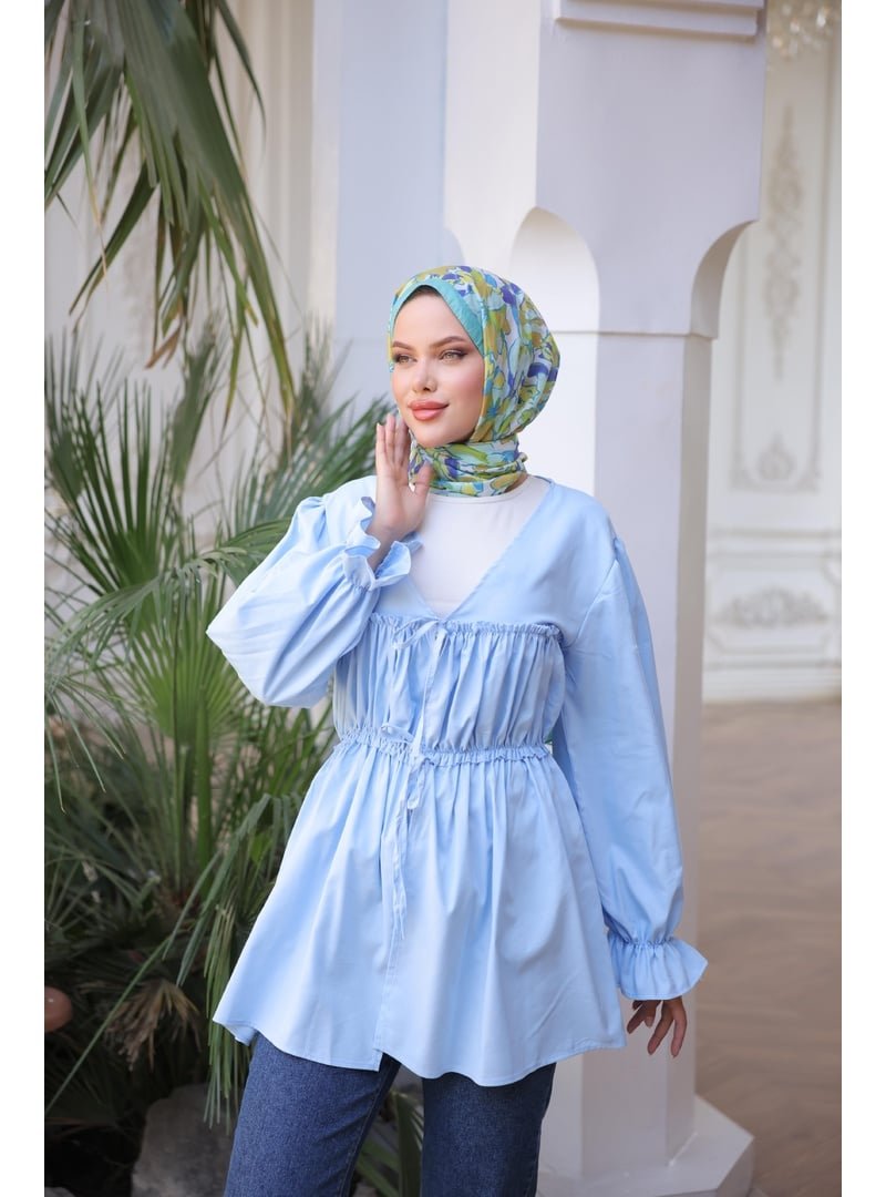 Nergis Neva Beli Büzgülü Lastikli Kimono Tunik