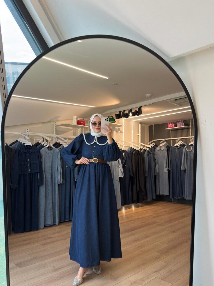 OlaLady Lacivert Güpürlü Bebe Yaka Deri Kemerli Teettür Denim Kot Elbise