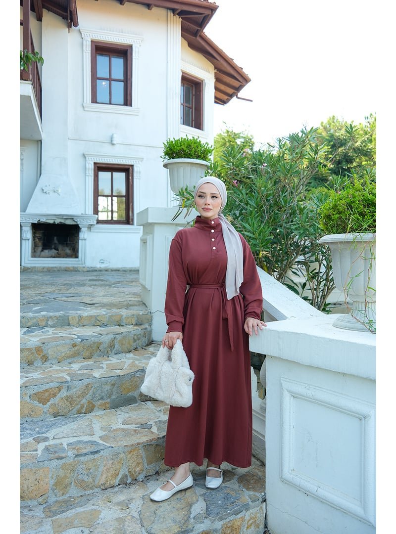 Locco Moda Kiremit Yüksek Yaka Çıtçıtlı Elbise