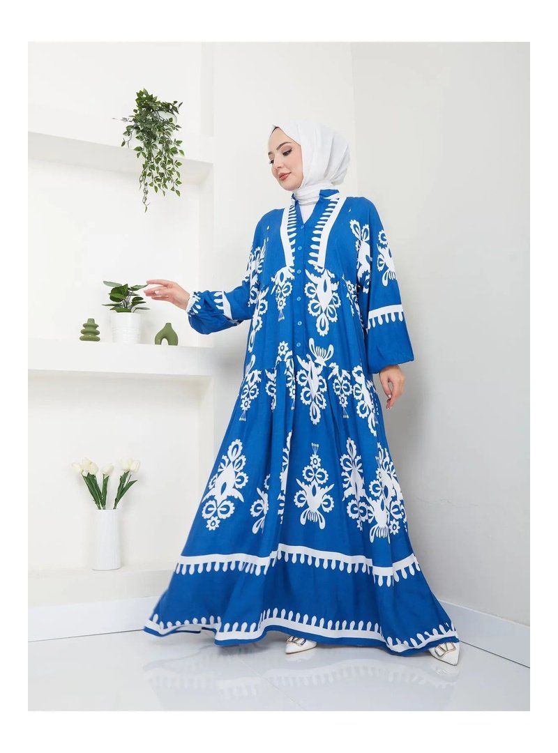 Volt Clothing Lacivert Etnik Desenli Elbise
