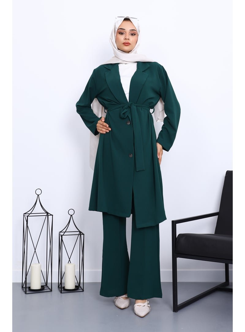 İmaj Butik Zümrüt Yeşili Kuşaklı Ceket Pantolon Takım