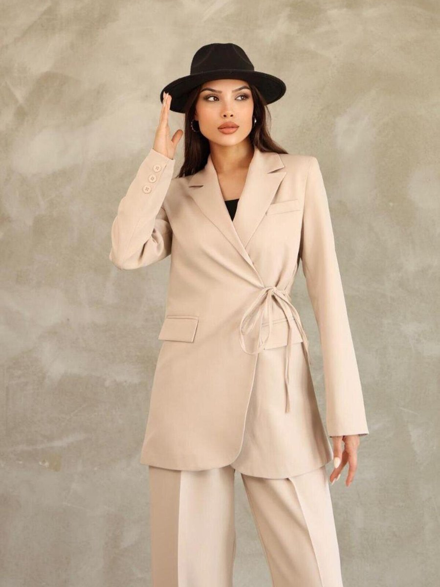 RAWEA FASHİON Bej Blazer Yandan Bağlamalı Şık Ve Rahat Ceket