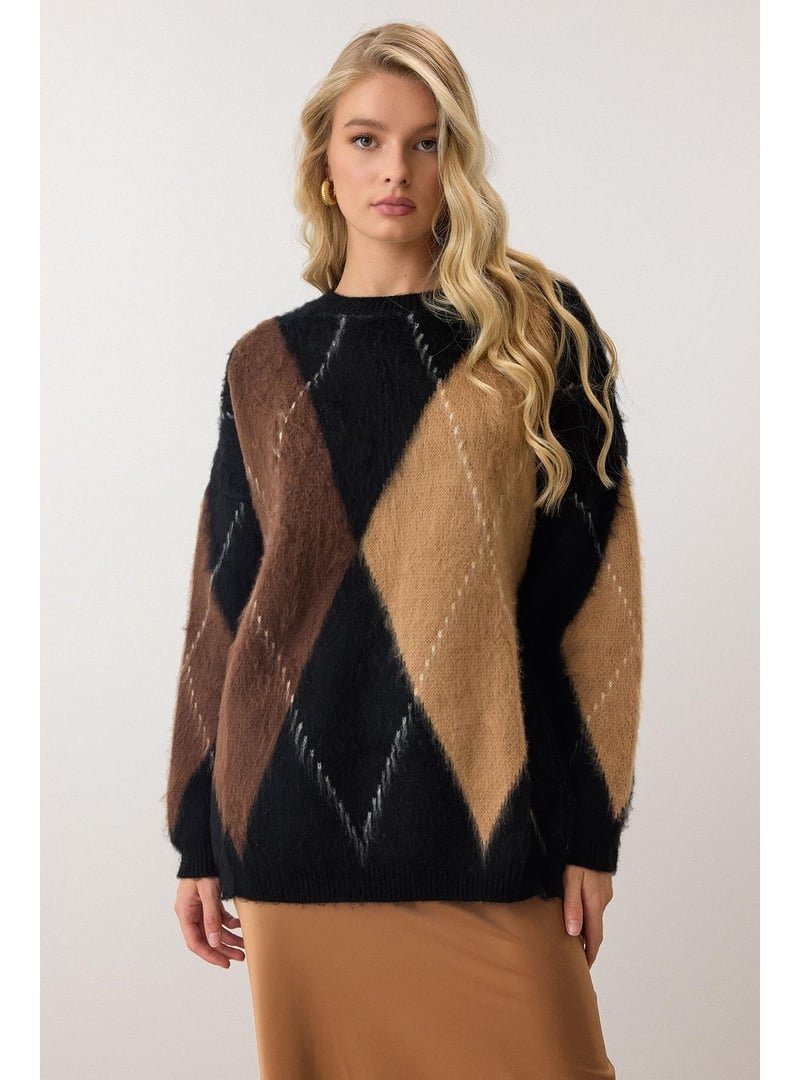 Olcay Siyah Baklava Desen Oversize Triko Kazak