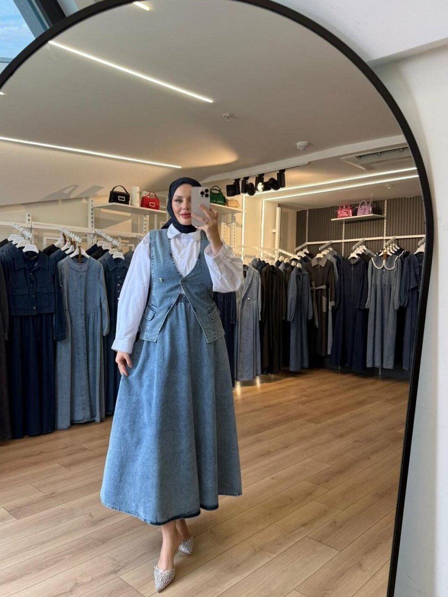 OlaLady Mavi Çift Düğmeli Cep Kapaklı Yelek Etek Denim İkili Takım