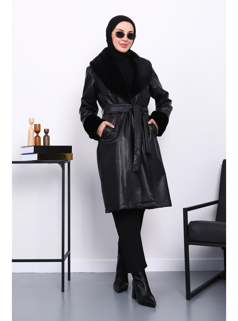 İmaj Butik Siyah Kol Yaka Kürklü Deri Kaban