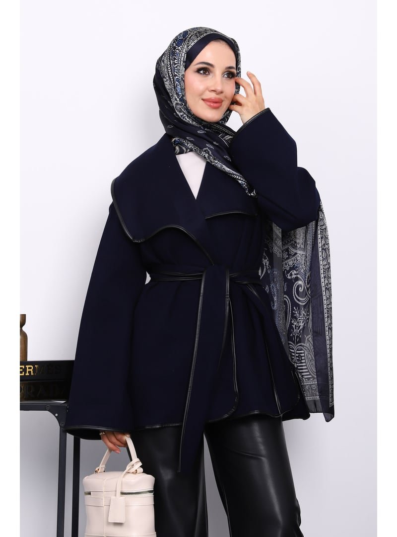 İmaj Butik Lacivert Deri Biyeli Şal Yaka Kaşe Ceket