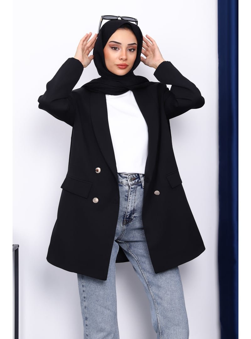 İmaj Butik Siyah Düğmeli Kruvaze Yaka Krep Ceket
