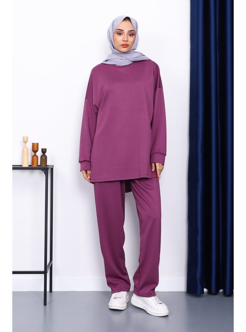 İmaj Butik Mürdüm Bisiklet Yaka Tunik Pantolonlu Takım