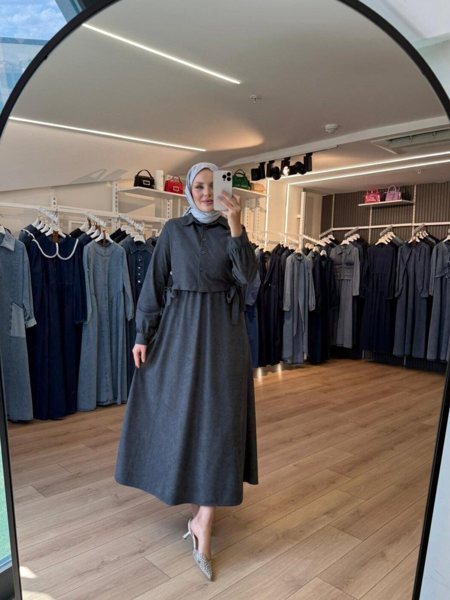 OlaLady Gümüş Yanları Bağlamalı Yelekli Süet Elbise