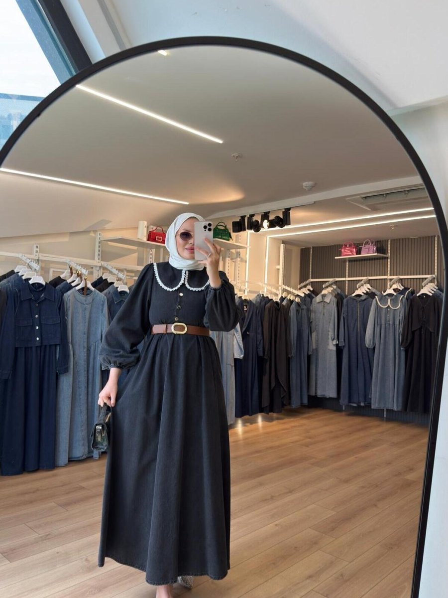 OlaLady Siyah Güpürlü Bebe Yaka Deri Kemerli Teettür Kot Elbise