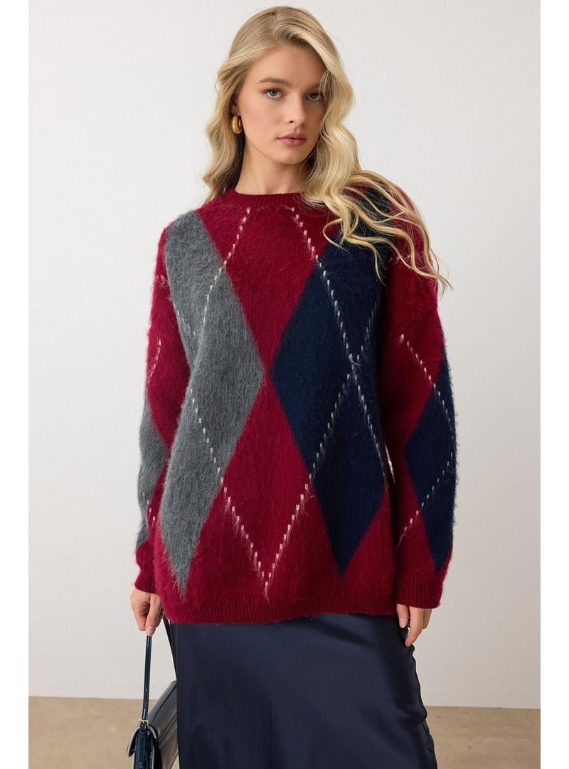 Olcay Bordo Baklava Desen Oversize Triko Kazak