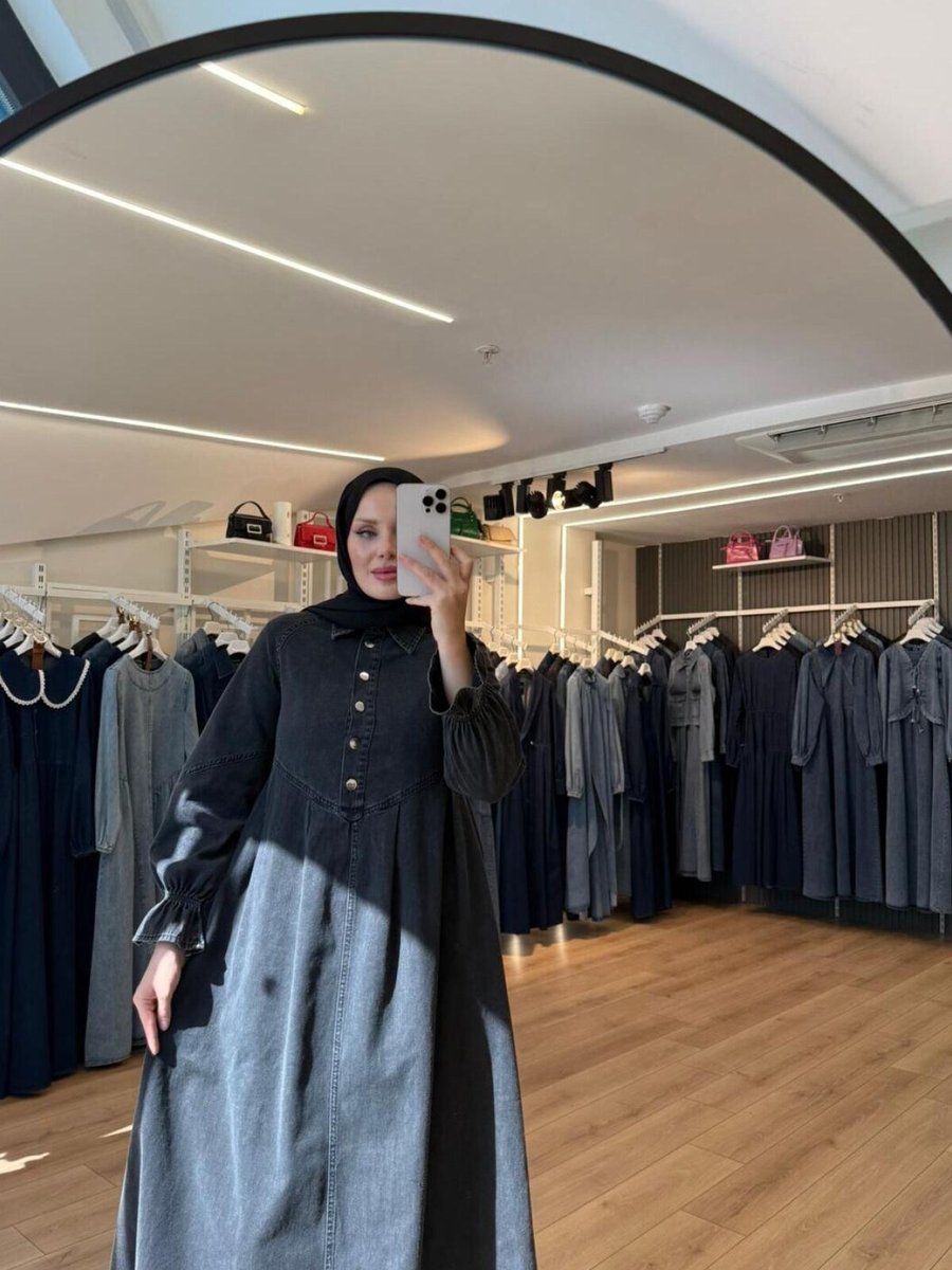 OlaLady Siyah Önü Düğmeli Pile Detaylı Denim Elbise