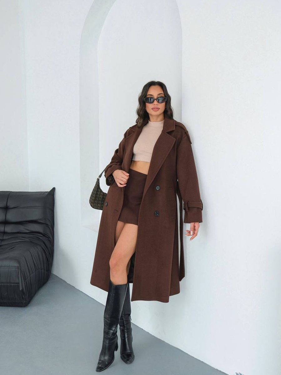 XXL BUTİK Kahverengi Kuşaklı Apolet Detaylı Astarlı Kaşe Kaban