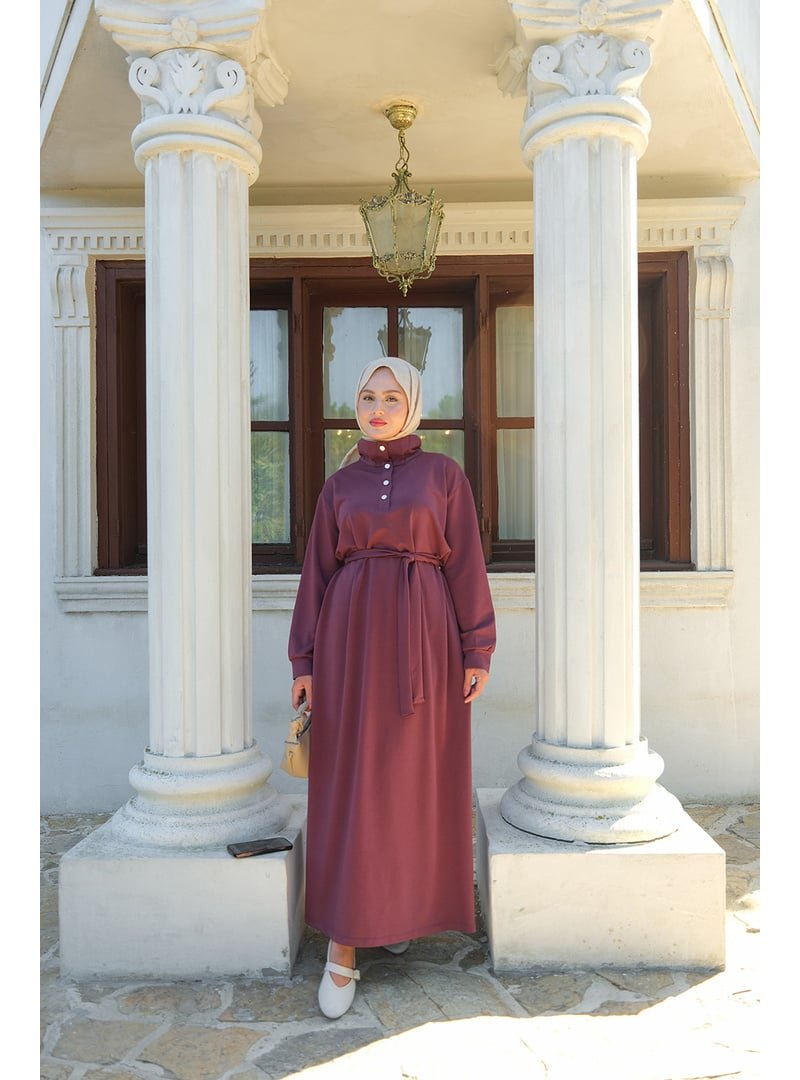 Locco Moda Mürdüm Yüksek Yaka Çıtçıtlı Elbise